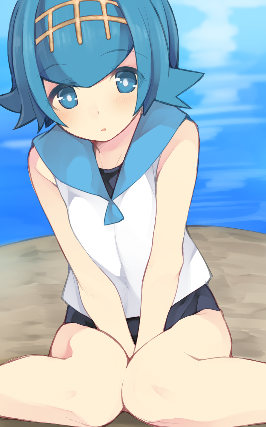 1girl between_legs blue_eyes blue_hair blush bright_pupils hairband hand_between_legs highres looking_at_viewer nigo_(aozoragarou) one-piece_swimsuit pokemon pokemon_(game) pokemon_sm sailor_collar shirt short_hair sitting sleeveless sleeveless_shirt solo suiren_(pokemon) swimsuit swimsuit_under_clothes trial_captain water