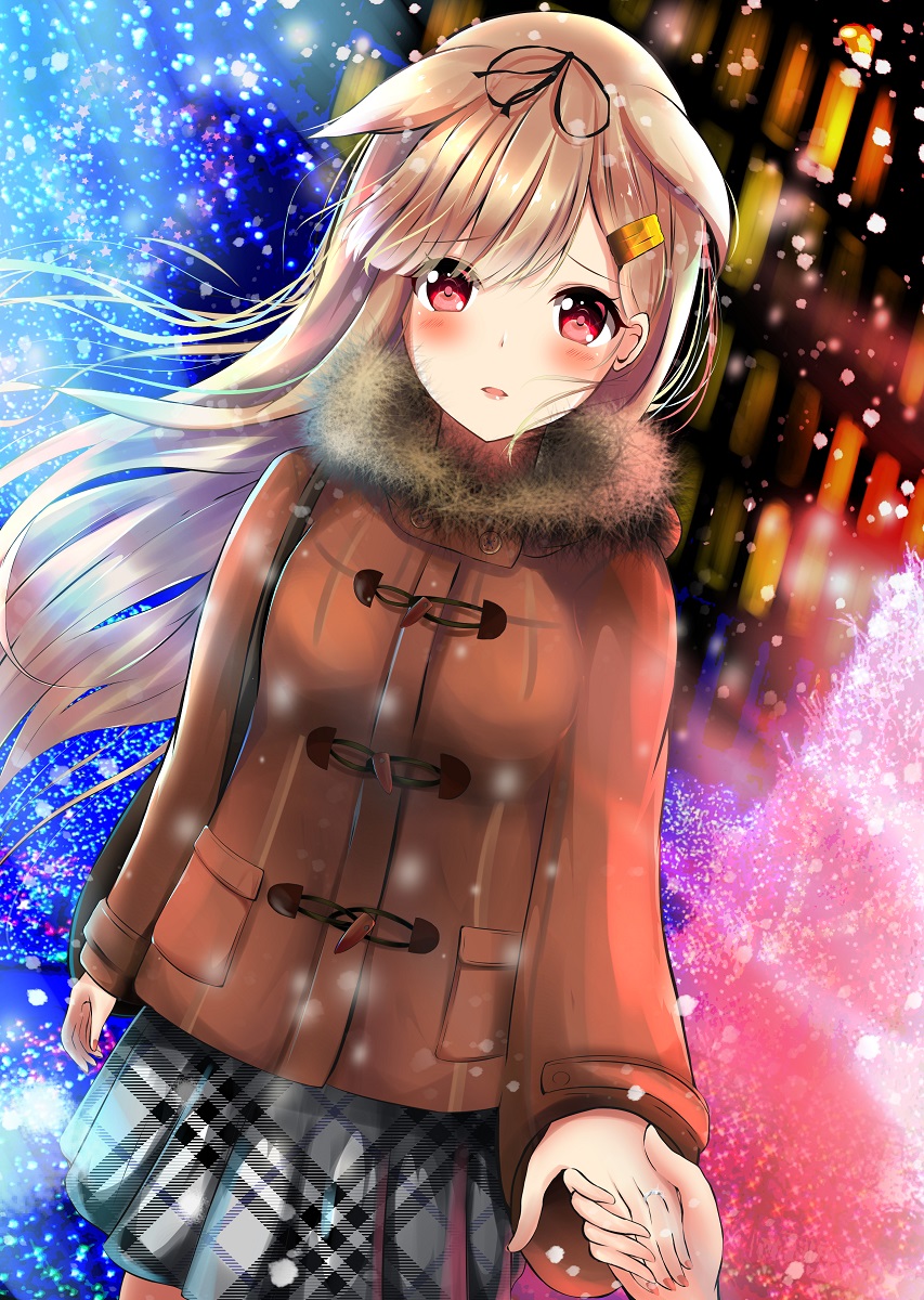 1girl amagami_(makise_tsubaki) bangs black_ribbon blonde_hair blush brown_coat coat dutch_angle fur-trimmed_coat hair_flaps hair_ornament hair_ribbon hairclip hand_holding highres jewelry kantai_collection long_hair looking_at_viewer parted_lips petals plaid plaid_skirt red_eyes remodel_(kantai_collection) ribbon ring skirt snow solo swept_bangs wedding_band yuudachi_(kantai_collection)