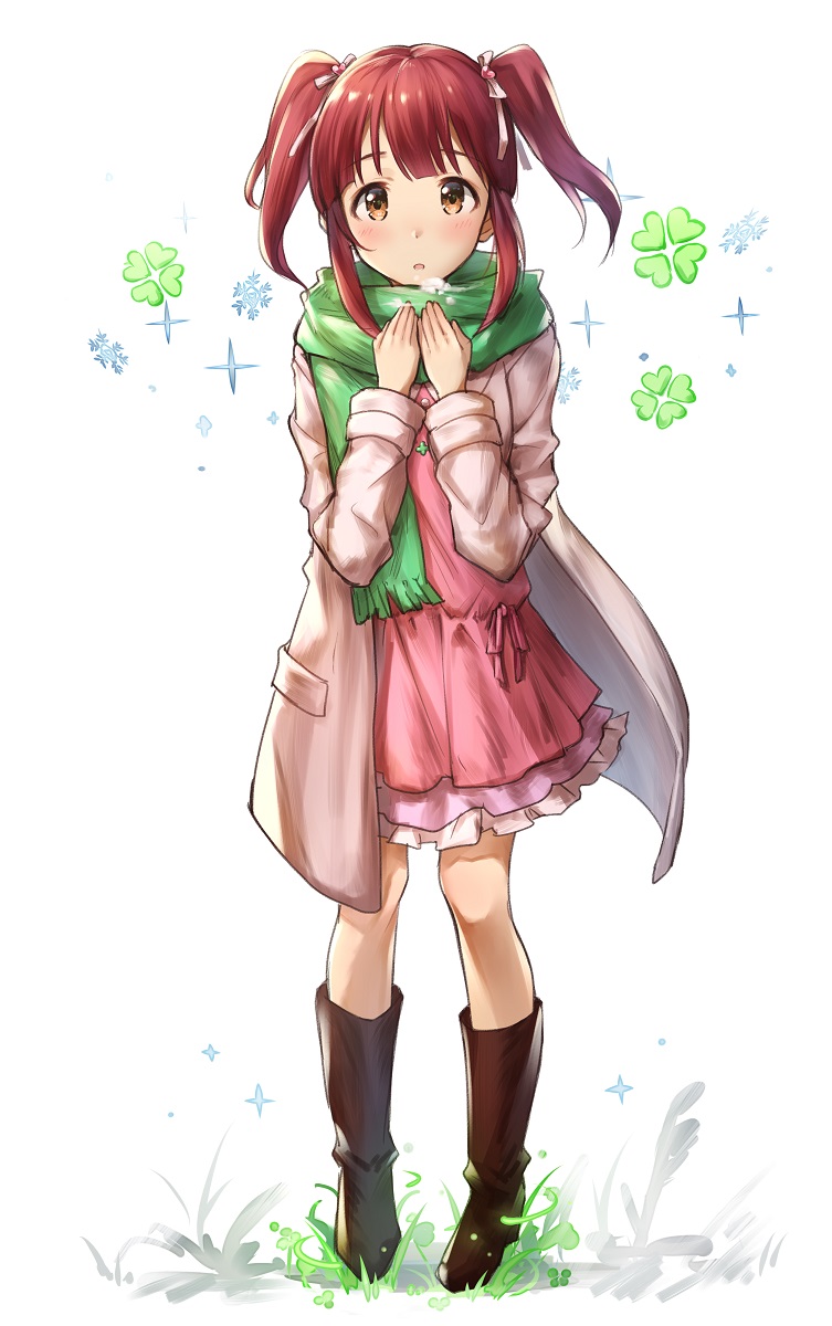 1girl blush boots breath brown_eyes brown_hair clover coat dress four-leaf_clover four-leaf_clover_necklace green_scarf hair_ribbon highres idolmaster idolmaster_cinderella_girls looking_at_viewer ogata_chieri open_clothes open_coat open_mouth pink_dress ribbon scarf short_hair snow snowflake_background snowflakes solo takeya_y0615 twintails