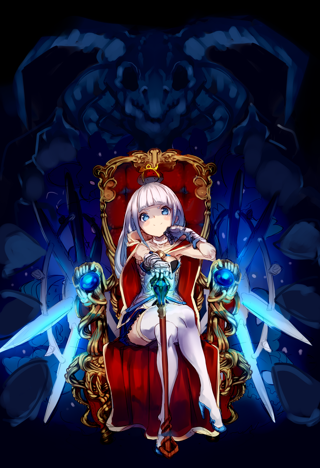 &gt;:) 1girl blue_eyes blue_shoes blue_skirt blush cape closed_mouth crown demon full_body gauntlets high_heels highres hime_cut legs_crossed looking_at_viewer mini_crown miniskirt morikawa_(futomayu) original scepter shoes silver_hair sitting skirt sleeveless smile solo thigh-highs throne white_legwear