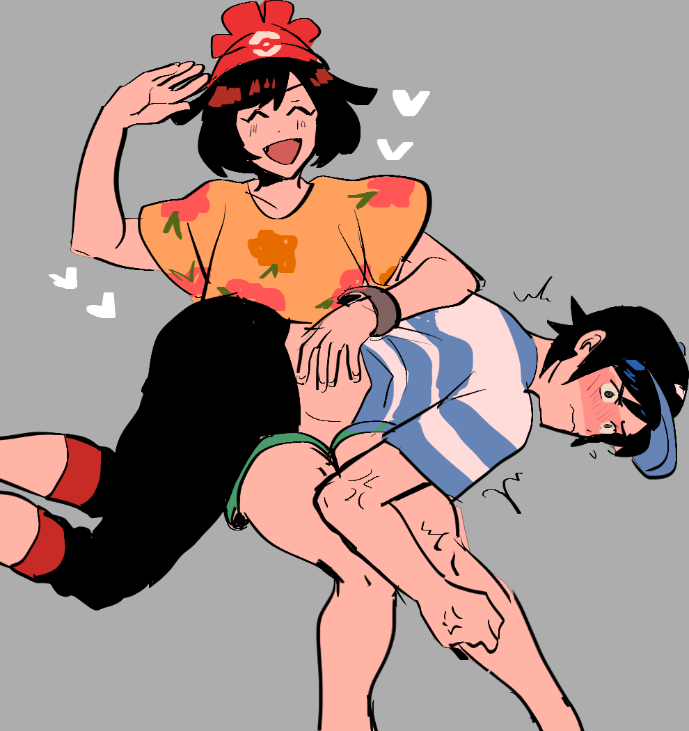 1boy 1girl bangs baseball_cap beanie black_hair black_hat blush capri_pants closed_eyes female_protagonist_(pokemon_sm) floral_print flying_sweatdrops glasses_enthusiast green_shorts grey_background grey_eyes hair_flaps hat heart male_protagonist_(pokemon_sm) on_lap pants pokemon pokemon_(game) pokemon_sm red_hat shirt shoes short_hair shorts simple_background spanking striped striped_shirt swept_bangs t-shirt tied_shirt veins wide_sleeves wince z-ring