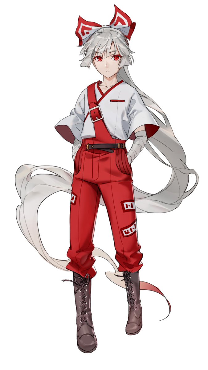 1girl absurdly_long_hair adapted_costume alternate_costume bandage boots duplicate expressionless fujiwara_no_mokou hair_ribbon hands_in_pockets highres karaori long_hair ponytail red_eyes ribbon silver_hair solo suspenders touhou very_long_hair white_hair