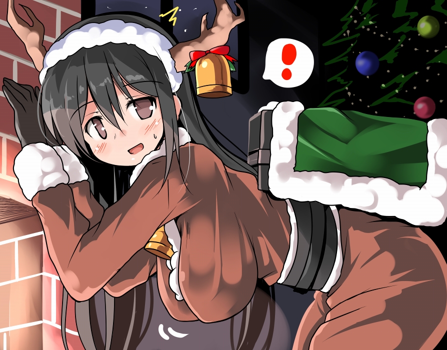 ! /\/\/\ 1girl antlers bell black_gloves black_hair blush breasts brown_eyes chikuma_(kantai_collection) fireplace gloves hairband hanging_breasts jingle_bell kantai_collection large_breasts leaning_forward machinery open_mouth smile solo_focus spoken_exclamation_mark tsuzuri_(tuzuri)