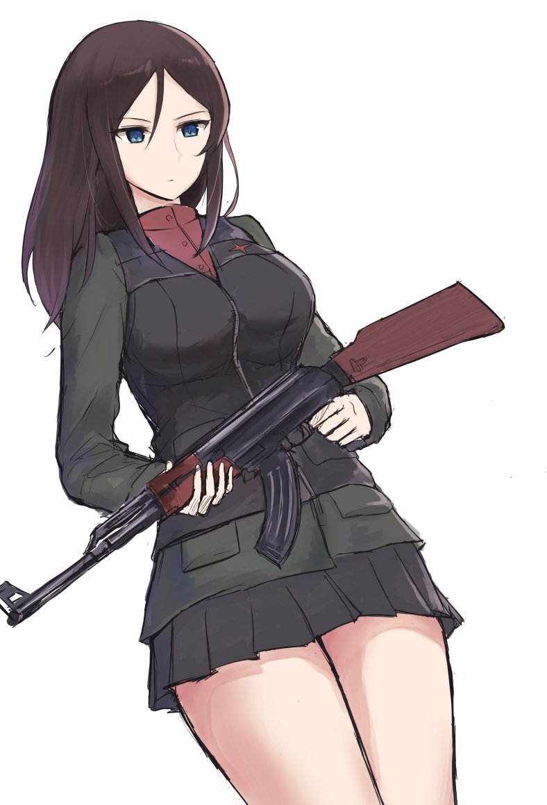 1girl ak-47 assault_rifle bangs black_skirt blue_eyes breasts brown_hair closed_mouth cowboy_shot dutch_angle figurehead_(artist) girls_und_panzer glaring green_jacket gun holding holding_weapon jacket large_breasts long_hair long_sleeves military military_uniform miniskirt nonna pleated_skirt red_shirt rifle shirt simple_background skirt solo star swept_bangs turtleneck uniform vest weapon white_background