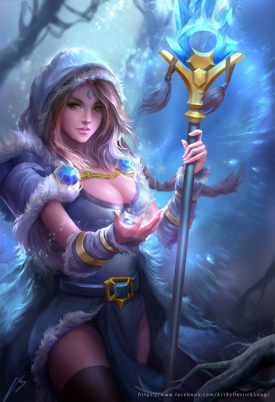 1girl arm_warmers artist_name belt black_legwear blonde_hair blue_background blue_eyes breasts cleavage cowboy_shot defense_of_the_ancients derrick_song dota_2 facebook_username forehead_jewel fur_trim highres hood jewelry lips long_hair looking_at_viewer medium_breasts nose outstretched_hand parted_lips pelvic_curtain realistic rylai_crestfall snowing solo staff thigh-highs tree_branch watermark web_address