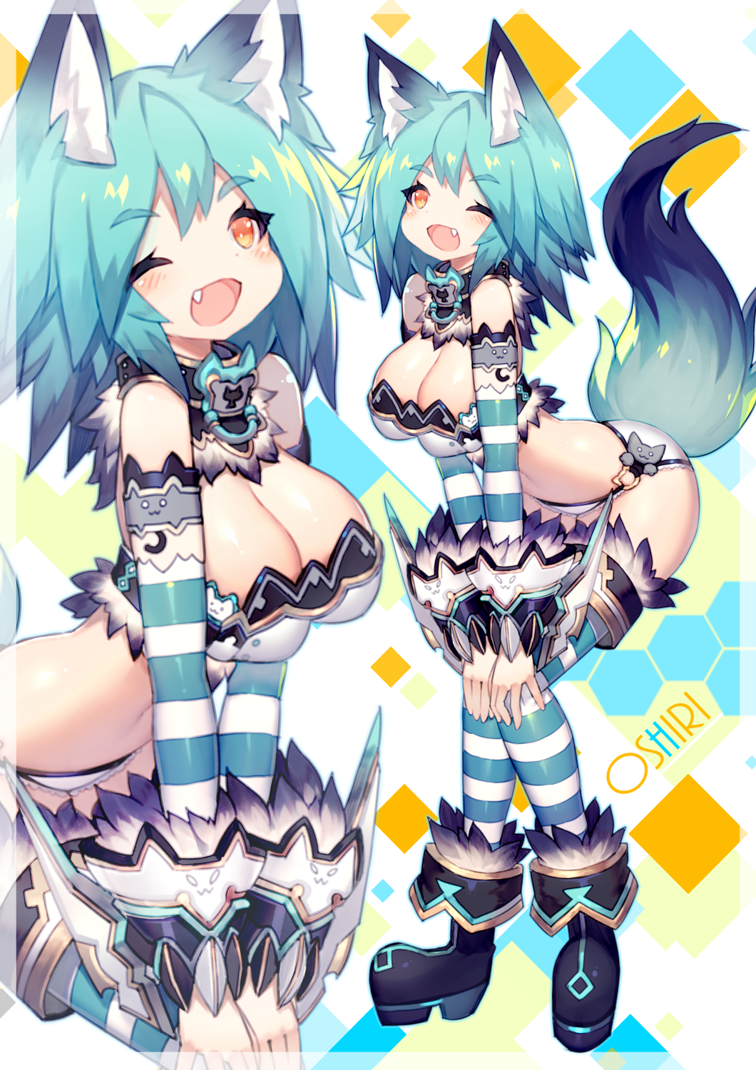 1girl animal_ears bare_shoulders blue_hair blush breasts cat_print cleavage detached_sleeves fang highres leaning_forward looking_at_viewer mamuru multicolored_hair one_eye_closed open_mouth original short_hair smile solo standing striped striped_legwear tail thigh-highs yellow_eyes
