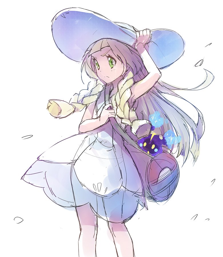 1girl bag blonde_hair braid cosmog dress duffel_bag green_eyes hat kurochiroko lillie_(pokemon) long_hair pokemon pokemon_(creature) pokemon_(game) pokemon_sm simple_background sleeveless sleeveless_dress sun_hat twin_braids white_background white_dress white_hat