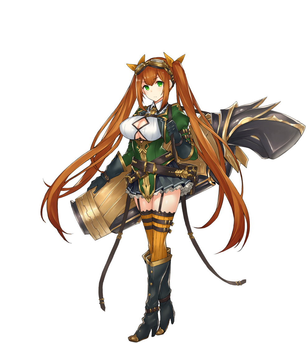 1girl breasts brown_hair cannon frederica_(sennen_sensou_aigis) full_body garter_straps gloves goggles goggles_on_head green_eyes huge_weapon inayama large_breasts long_hair looking_at_viewer multiple_belts official_art pleated_skirt sennen_sensou_aigis skirt solo thigh-highs transparent_background under_boob very_long_hair weapon