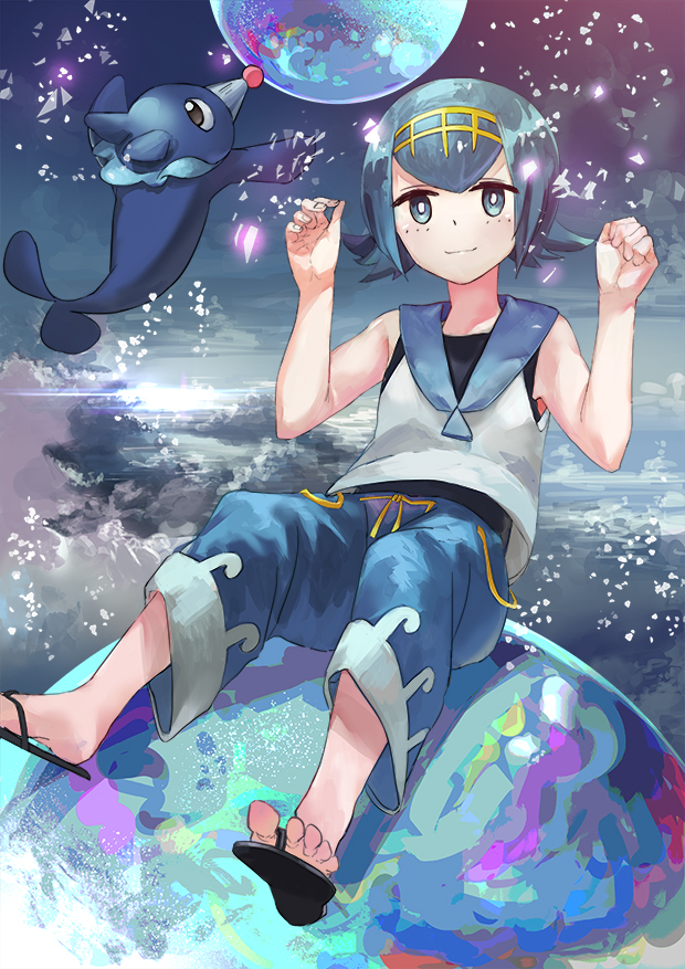 1girl baggy_pants blue_eyes blue_hair blue_pants bright_pupils capri_pants clouds cloudy_sky geisha-geisha- hairband looking_at_viewer one-piece_swimsuit pants pokemon pokemon_(game) pokemon_sm popplio sailor_collar sandals shirt short_hair sitting sky sleeveless sleeveless_shirt smile suiren_(pokemon) swimsuit swimsuit_under_clothes toes trial_captain