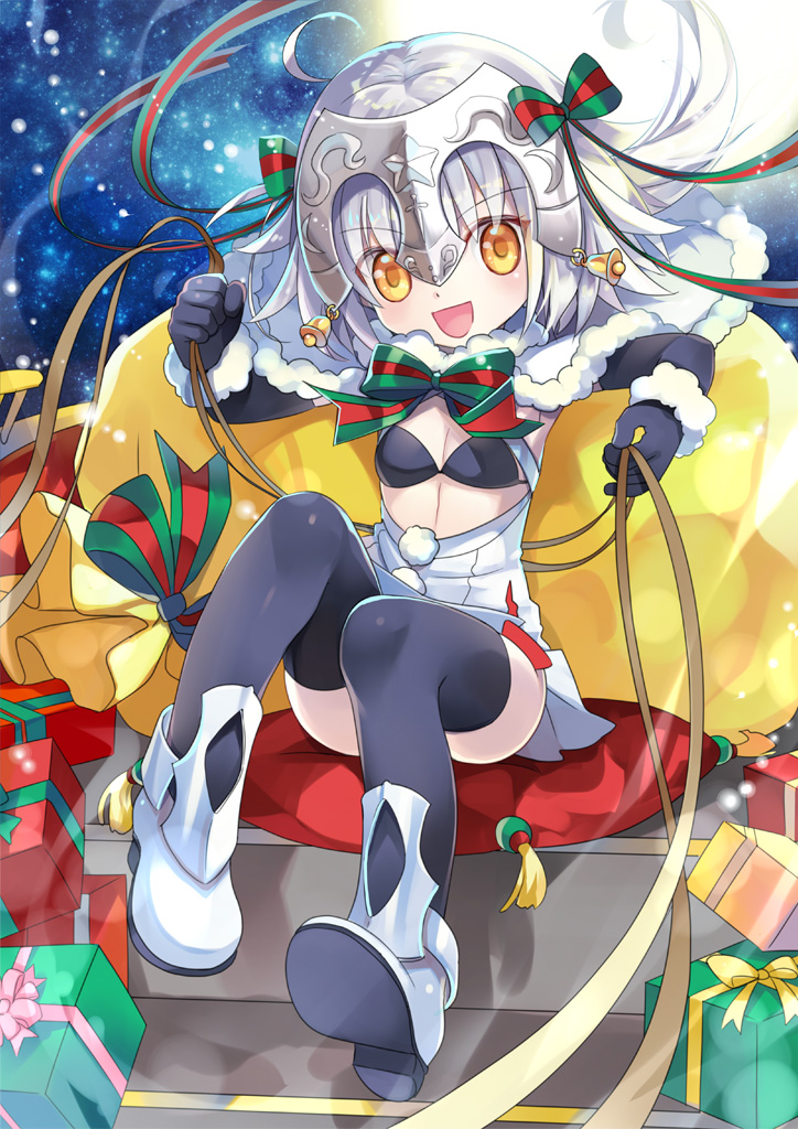 1girl :d ahoge bell black_legwear bow bowtie box capelet cushion fate/grand_order fate_(series) gift gift_box hair_bow hair_ribbon headpiece holding jeanne_alter jeanne_alter_(santa_lily)_(fate) long_hair looking_at_viewer navel open_mouth ribbon rori_chuushin ruler_(fate/apocrypha) shoes sitting smile solo thigh-highs thighs white_hair yellow_eyes