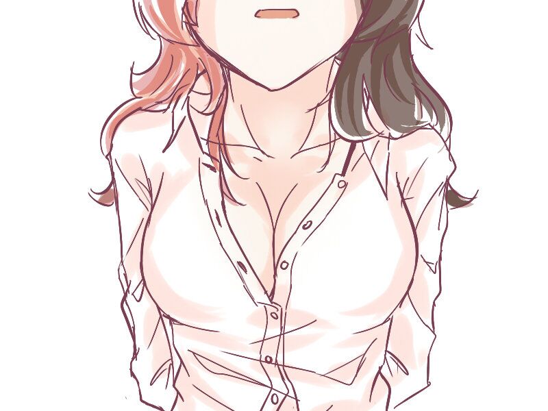 1girl black_hair blouse breasts brown_hair cleavage collared_shirt long_hair long_sleeves loose_shirt neo_(rwby) open_clothes open_mouth open_shirt pink_hair rwby shirt solo unbuttoned unbuttoned_shirt white_shirt