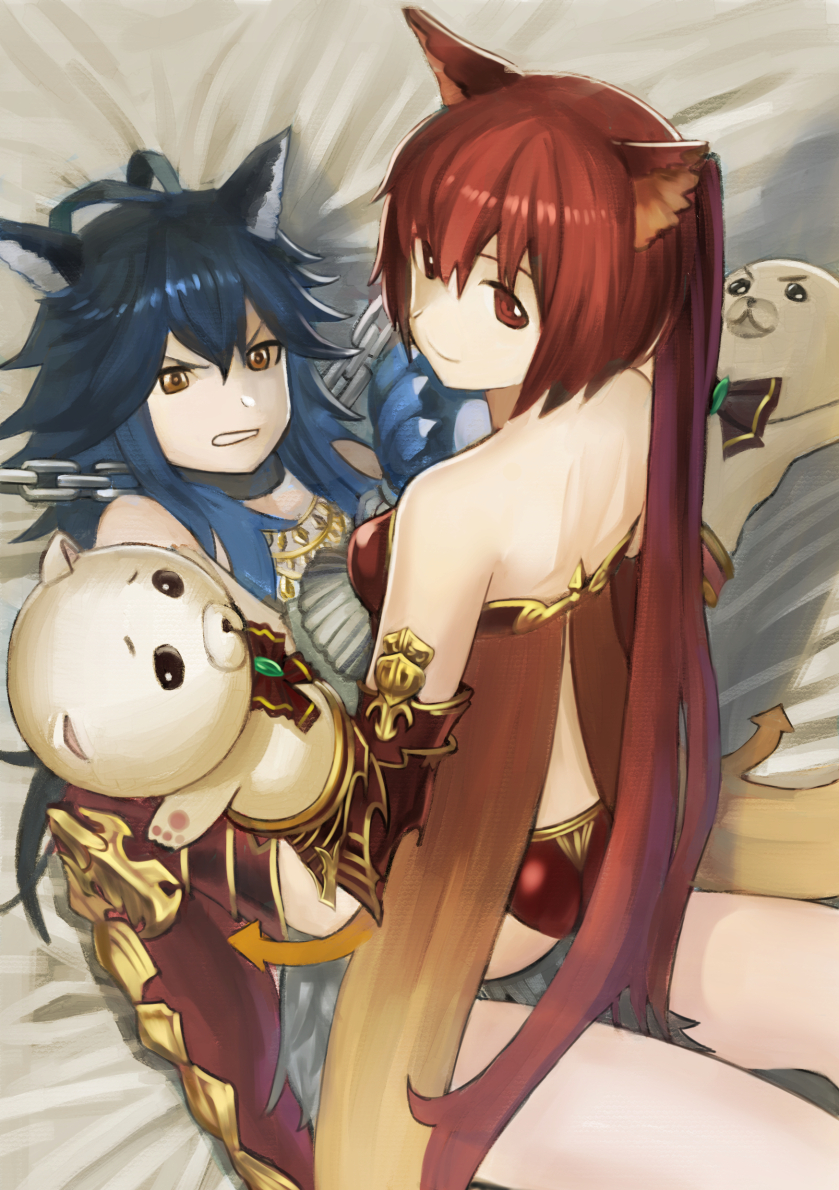 2girls ahoge angry animal_ears armor ass bare_legs bare_shoulders blue_hair breasts cerberus_(shingeki_no_bahamut) chains cleavage clenched_teeth commentary_request dog_ears fenrir_(shingeki_no_bahamut) from_above from_behind granblue_fantasy hand_puppet light_smile long_hair looking_at_another looking_at_viewer midriff multiple_girls puppet red_eyes red_legwear redhead shingeki_no_bahamut sitting sitting_on_lap sitting_on_person spiky_hair teeth thigh-highs thighs twintails very_long_hair wasabi60