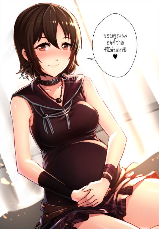 1girl blush eye_contact final_fantasy final_fantasy_xv go-it iris_amicitia looking_at_another looking_at_viewer pregnant short_hair smile solo translation_request