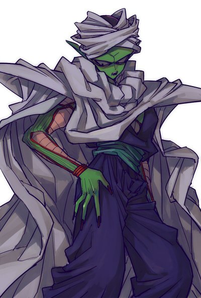 1boy black_eyes cape dougi dragon_ball dragonball_z fingernails frown green_skin hand_on_hip long_fingernails looking_away male_focus open_mouth piccolo pointy_ears serious simple_background standing turban white_background wristband