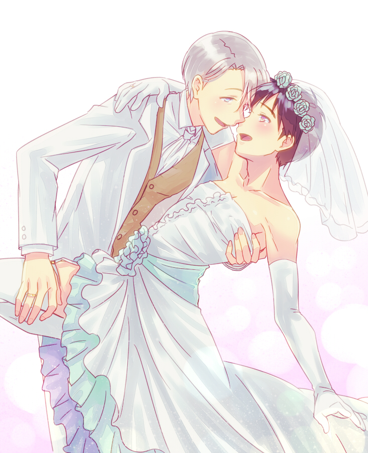 2boys black_hair blue_eyes bridal_veil brown_eyes crossdressinging dress elbow_gloves formal garter_straps gloves husband_and_husband jewelry katsuki_yuuri male_focus multiple_boys open_mouth ring rosa_tsubomi silver_hair smile suit thigh-highs veil viktor_nikiforov wedding_dress white_gloves white_legwear white_suit yaoi yuri!!!_on_ice