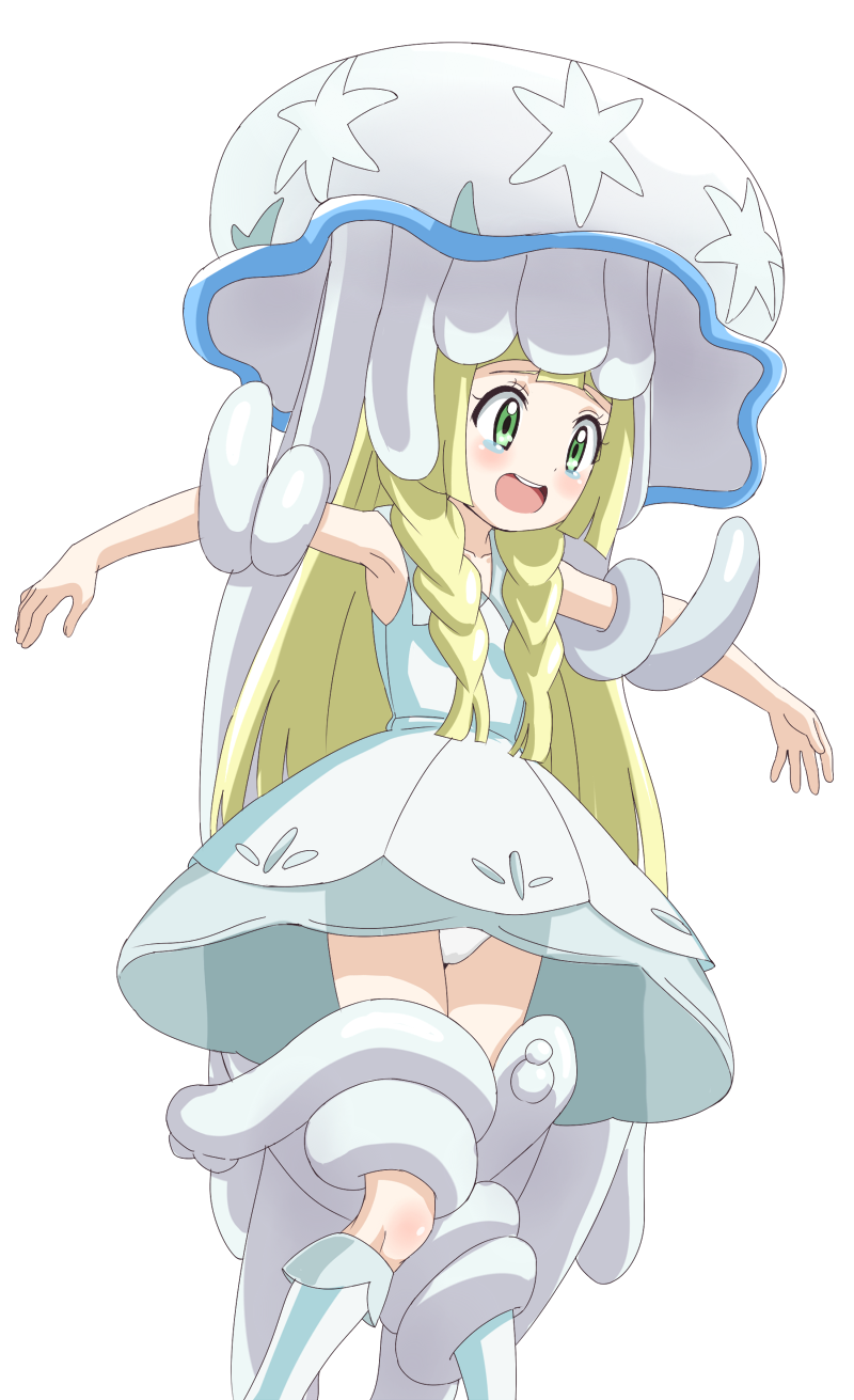 1girl :d bangs bare_arms blonde_hair blunt_bangs blush braid collarbone collared_dress crying crying_with_eyes_open dress green_eyes hat highres jellyfish kneehighs lillie_(pokemon) long_hair nihilego open_mouth outstretched_arms panties pantyshot pokemon pokemon_(game) pokemon_sm restrained scared see-through sleeveless sleeveless_dress smile sun_hat sundress tears teeth tentacle trg_(pixiv) twin_braids ultra_beast underwear white_dress white_hat white_legwear white_panties