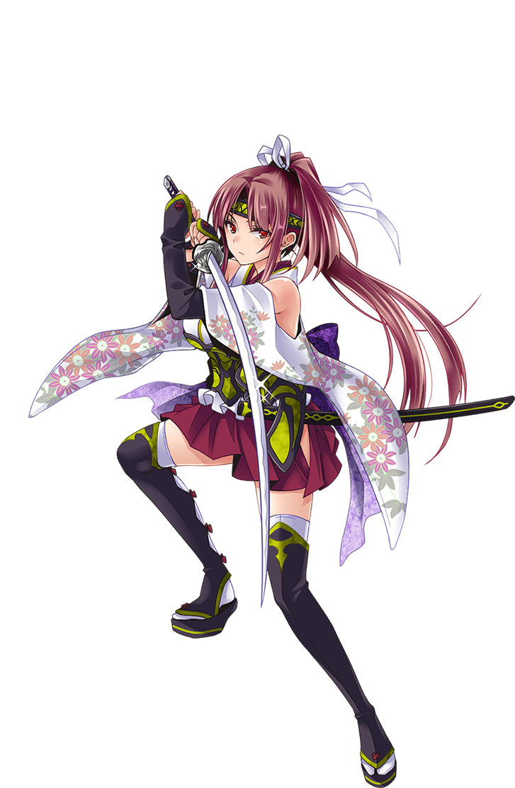 1girl bomi floral_print full_body holding holding_sword holding_weapon looking_at_viewer momiji_(sennen_sensou_aigis) official_art red_eyes redhead sennen_sensou_aigis solo stance sword thigh-highs transparent_background weapon wide_sleeves
