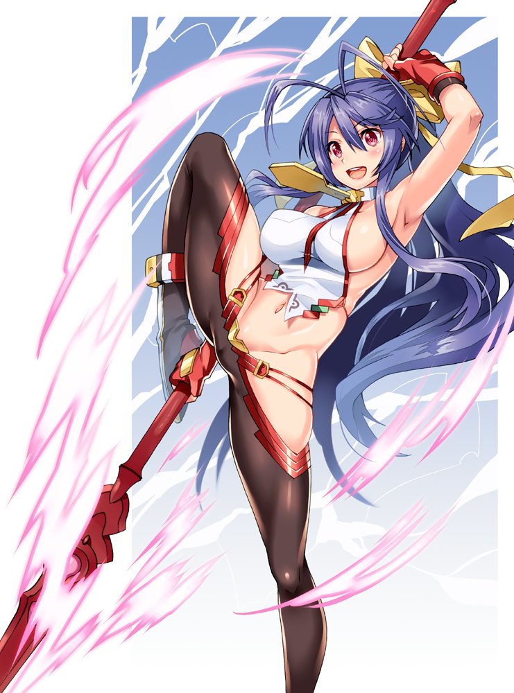 1girl :d antenna_hair armpits aura bare_shoulders black_pants blazblue blazblue:_central_fiction blazblue_variable_heart blue_hair blush bow breasts crop_top female fingerless_gloves genderswap genderswap_(mtf) gloves hair_between_eyes hair_bow holding holding_weapon large_breasts long_hair lowleg lowleg_pants mai_natsume navel no_panties open_mouth outseal pants polearm ponytail red_eyes red_gloves shinozuka_atsuto sideboob sidelocks smile solo spear standing standing_on_one_leg stomach very_long_hair weapon yellow_bow