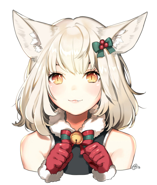 1girl animal_ears bare_shoulders bell blush bow cat_ears fang gloves hair_bow jingle_bell lips looking_at_viewer naguri orange_eyes original paw_pose red_gloves short_hair simple_background slit_pupils smile solo upper_body white_background white_hair
