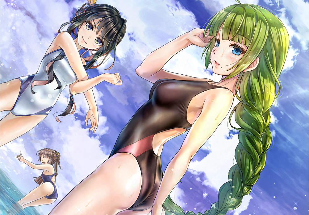 &gt;:) 3girls ahoge alternate_costume arm_at_side ass bangs bending_forward black_hair blue_eyes blunt_bangs blurry braid breasts brown_hair clouds cloudy_sky competition_swimsuit cowboy_shot day depth_of_field dutch_angle eyebrows_visible_through_hair faceless faceless_female green_hair hair_ribbon hair_up half-closed_eyes kantai_collection kazagumo_(kantai_collection) kotatsu_(kotatsu358) lips long_hair looking_at_viewer medium_breasts mole mole_under_mouth multicolored_hair multiple_girls naganami_(kantai_collection) ocean one-piece_swimsuit open_mouth parted_lips partially_submerged pink_hair ponytail ribbon sidelocks single_braid sky smug standing stretch swimsuit thighs two-tone_hair very_long_hair water yuugumo_(kantai_collection)