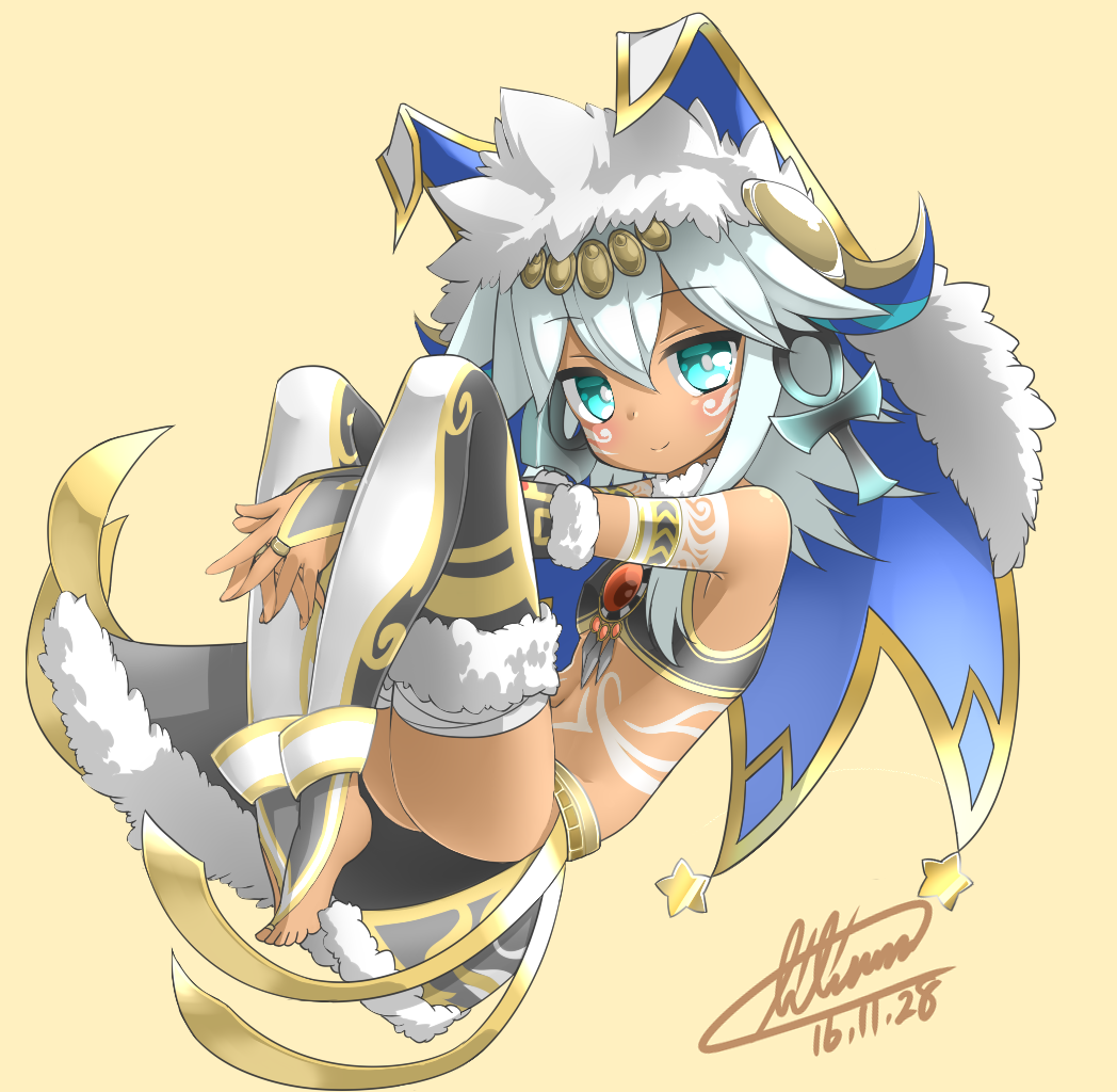 1girl ankh aqua_eyes bandage bare_shoulders barefoot blush bodypaint bridal_gauntlets dark_skin dated egyptian facial_mark floating fur_trim headdress jewelry lilium0235 long_hair looking_at_viewer navel necklace puzzle_&amp;_dragons signature smile solo sopdet_(p&amp;d) star thigh-highs white_hair