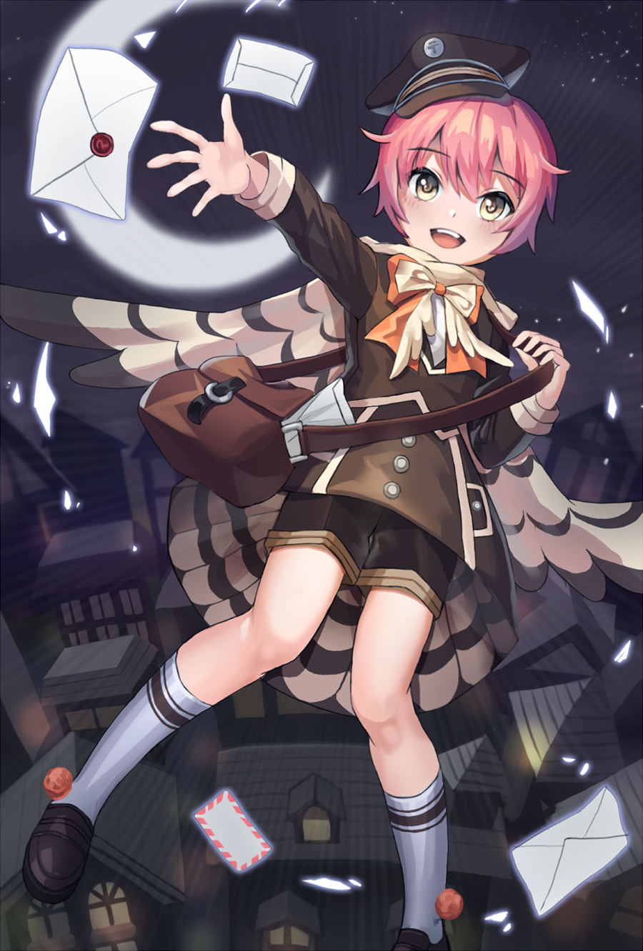 1girl bag bird_wings crescent_moon feathered_wings flying hat highres house japanese_postal_mark letter loafers looking_at_viewer moon night open_hand open_mouth original outdoors outstretched_arm pink_hair renyuel ribbon satchel shoes short_hair shorts smile solo teeth town tube_socks tunic wax_seal white_legwear wings yellow_eyes