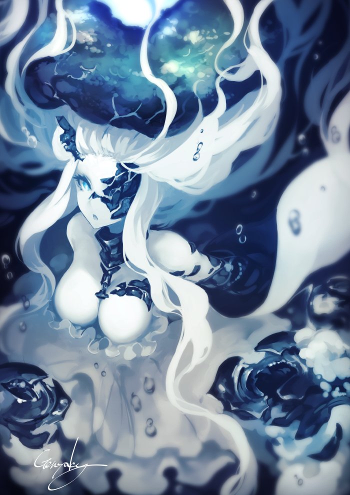 1girl absurdly_long_hair abyssal_jellyfish_hime blue_eyes breasts commentary hat kantai_collection kyouya_(mukuro238) large_breasts long_hair one_eye_covered open_mouth shinkaisei-kan signature solo very_long_hair white_hair white_skin