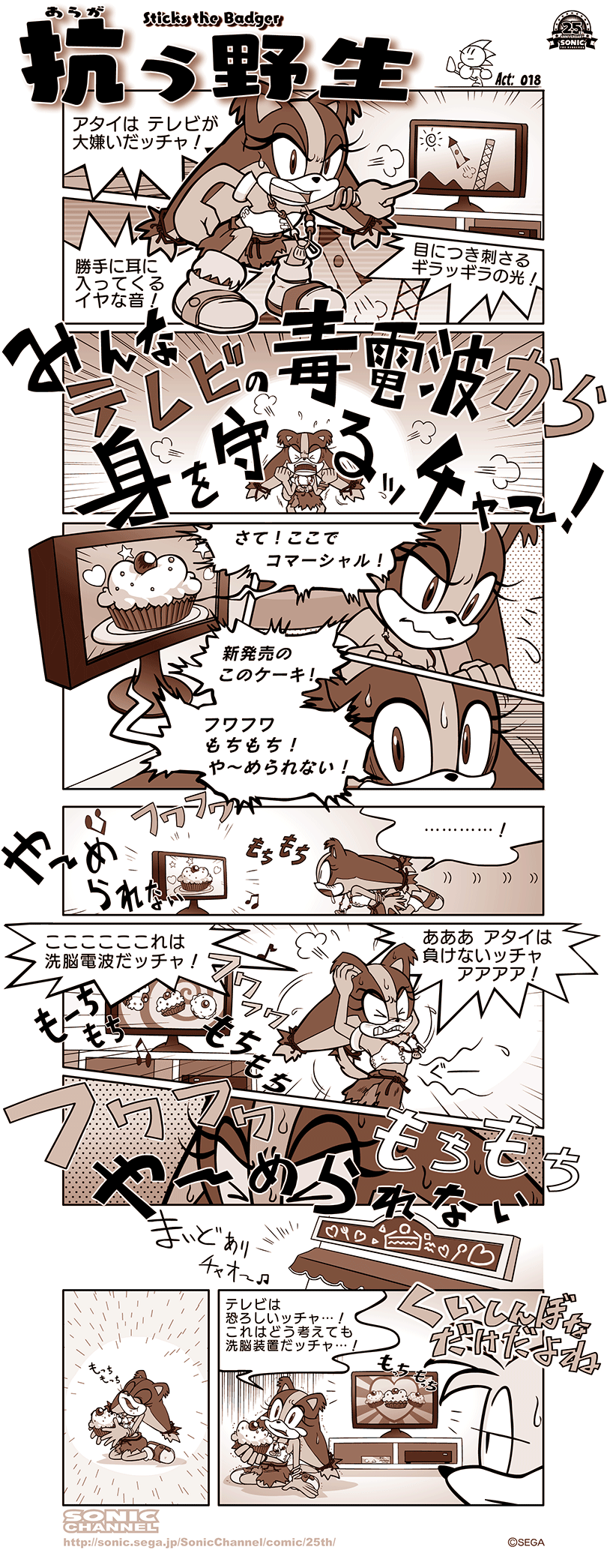 artist_request comic cupcake desert eating food highres miles_prower monochrome official_art pointing shouting sonic_the_hedgehog sticks_the_badger sweatdrop television translation_request