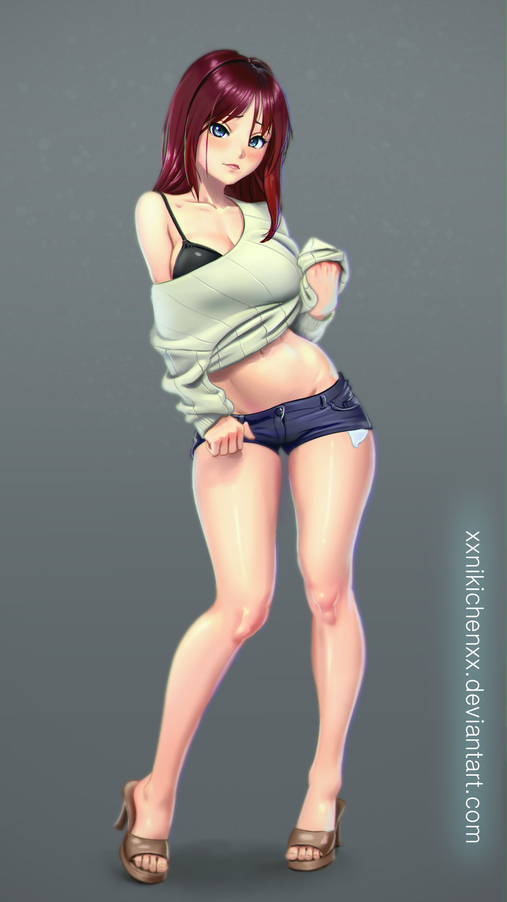 1girl artist_name blue_eyes breasts brown_hair cleavage denim denim_shorts high_heels highres large_breasts legs light_smile long_hair looking_at_viewer midriff nikita_varb open_toe_shoes raised_eyebrows ribbed_sweater shoes short_shorts shorts solo sweater thighs