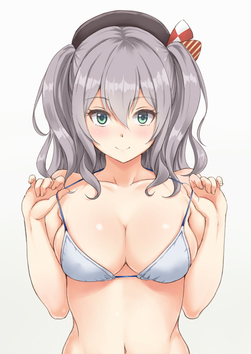 1girl beret black_hat blush breasts cleavage closed_mouth collarbone eyebrows_visible_through_hair green_eyes grey_hair hair_between_eyes hat highres kantai_collection kashima_(kantai_collection) looking_at_viewer looking_back medium_breasts navel ryuzo smile solo strap_pull twintails upper_body white_bikini_top