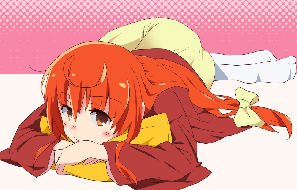 1girl ahoge blush brown_eyes buratei_marii chestnut_mouth hair_ribbon hands_together japanese_clothes joshiraku kimono long_hair long_sleeves looking_at_viewer low-tied_long_hair lying mirakichi no_shoes nose_blush on_stomach open_mouth orange_hair pillow pillow_hug ribbon solo tabi two-tone_background wide_sleeves