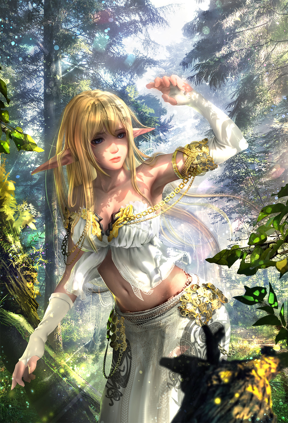 1girl arm_up armlet asymmetrical_gloves bandeau bangs bare_shoulders bare_tree blonde_hair blue_eyes blue_sky breasts chains cleavage collarbone day elbow_gloves elf eyelashes eyeliner fingerless_gloves fingernails forest gloves grass highres leaf light_particles light_rays long_hair long_skirt makeup medium_breasts midriff nature navel original peachpa pine_tree plant pointy_ears shading_eyes sidelocks skirt sky solo stomach strapless sunlight tree tree_branch trunk white_gloves white_skirt