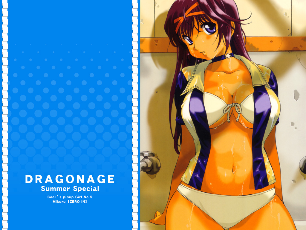 against_wall bikini blue_eyes breasts choker cleavage curvy dark_skin front-tie_top hot huge_breasts inoue_sora long_hair navel nazume_mikuru official_art open_shirt purple_hair sweat sweating sweating_profusely swimsuit tan underboob wallpaper wet white_bikini zero_in