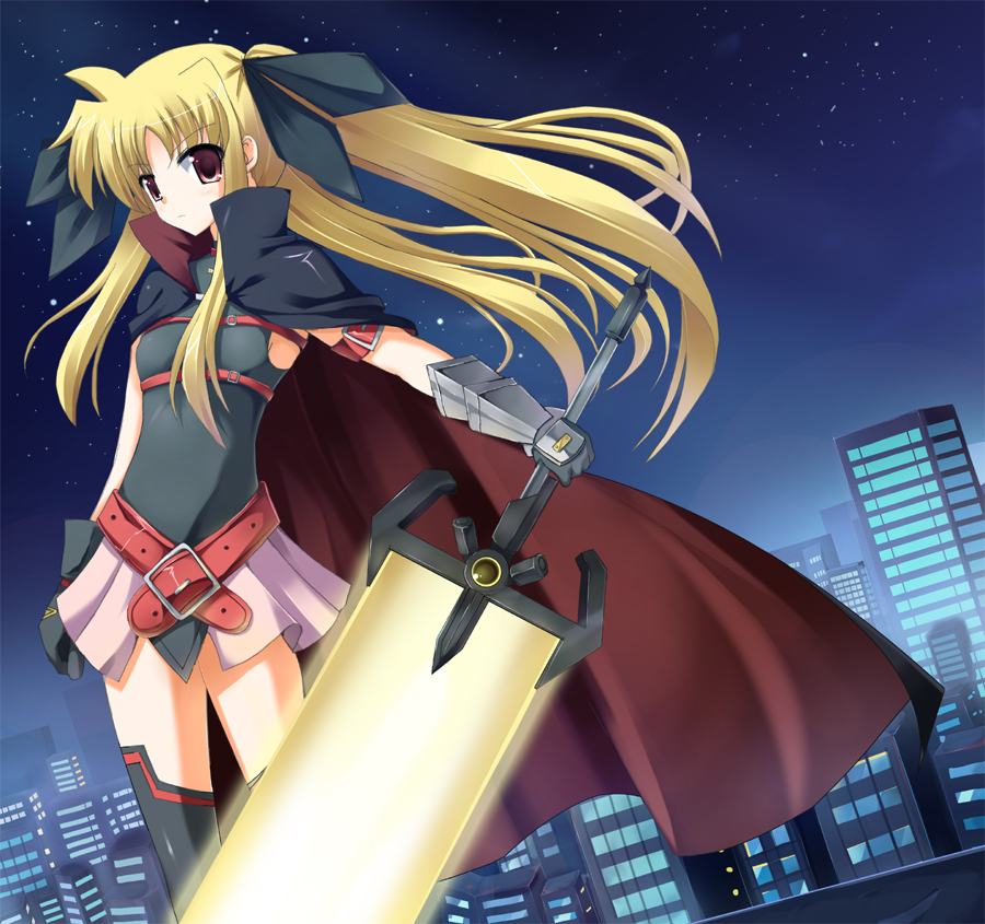 belt blonde_hair cape cityscape energy_sword fate_testarossa gloves hair_ribbon long_hair mahou_shoujo_lyrical_nanoha night odayan red_eyes ribbon star sword thigh-highs thighhighs twintails weapon zettai_ryouiki