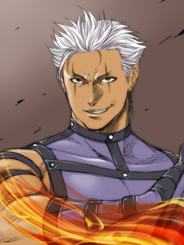 blue_eyes dark_skin esaka fire grin king_of_fighters krizalid smile white_hair