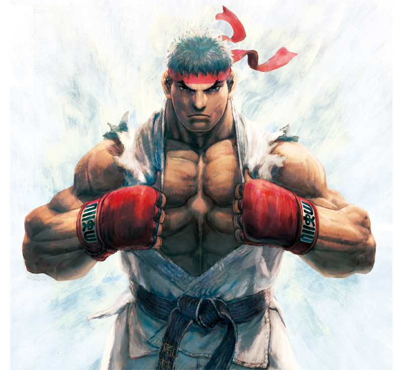 akiman black_hair capcom dougi fingerless_gloves gloves male muscle official_art ryu ryuu_(street_fighter) street_fighter yasuda_akira