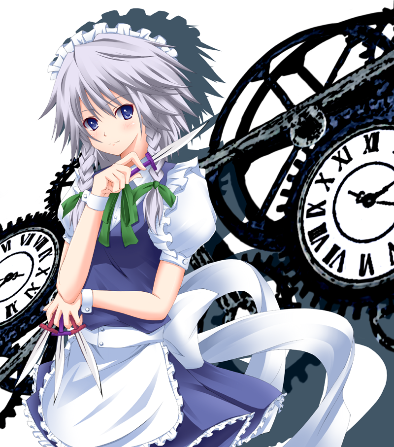 blue_eyes blush clock gears hairband izayoi_sakuya knife maid ribbon short_hair silver_hair touhou yuurakudou_kurono