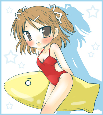 brown_hair fang fish inflatable_raft lowres one-piece one-piece_swimsuit short_hair shudou_rima sister_princess swimsuit twintails yotsuba_(sister_princess)
