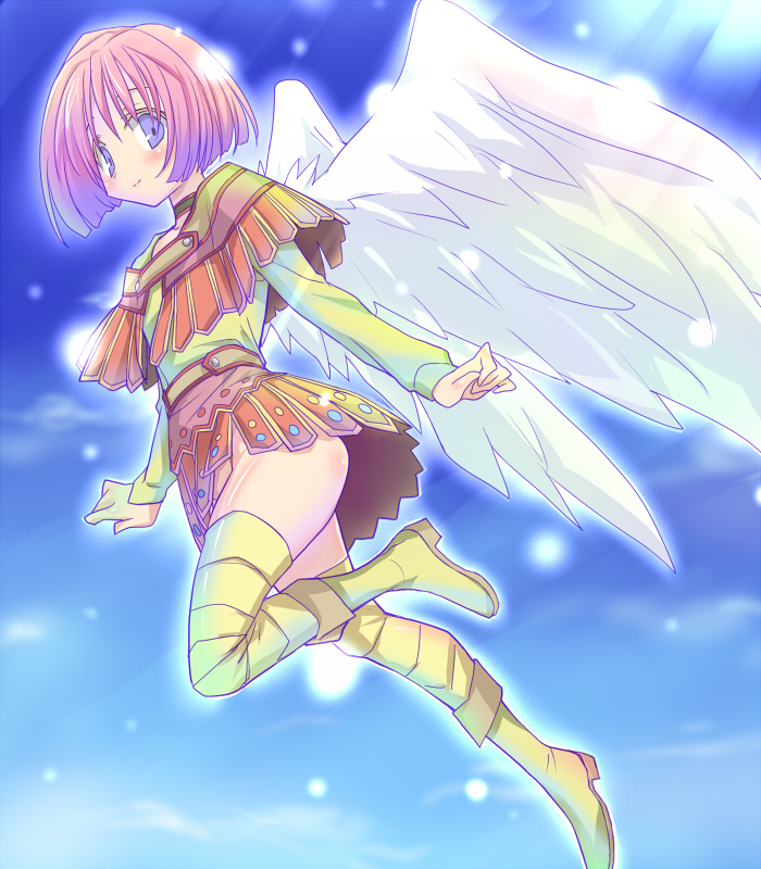 1girl angel_wings blue_eyes blush boots dragon_quest dragon_quest_ix eeeeee female flying heroine_(dq9) no_panties pink_hair short_hair smile solo thigh-highs thigh_boots thighhighs wings