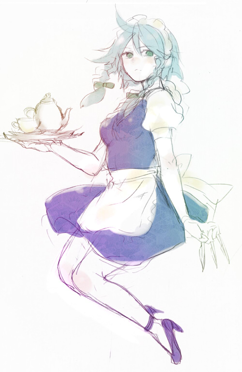 apron between_fingers braid cup green_eyes grey_hair high_heels izayoi_sakuya knife maid maid_headdress pantyhose shoes short_hair sketch solo teacup teapot touhou tray twin_braids usa_(artist) usaki_(ama) waist_apron