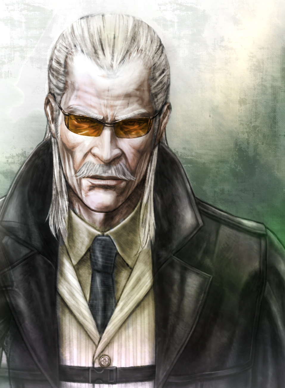 coat glasses highres jacket liquid_ocelot long_hair metal_gear_solid mustache revolver_ocelot white_hair