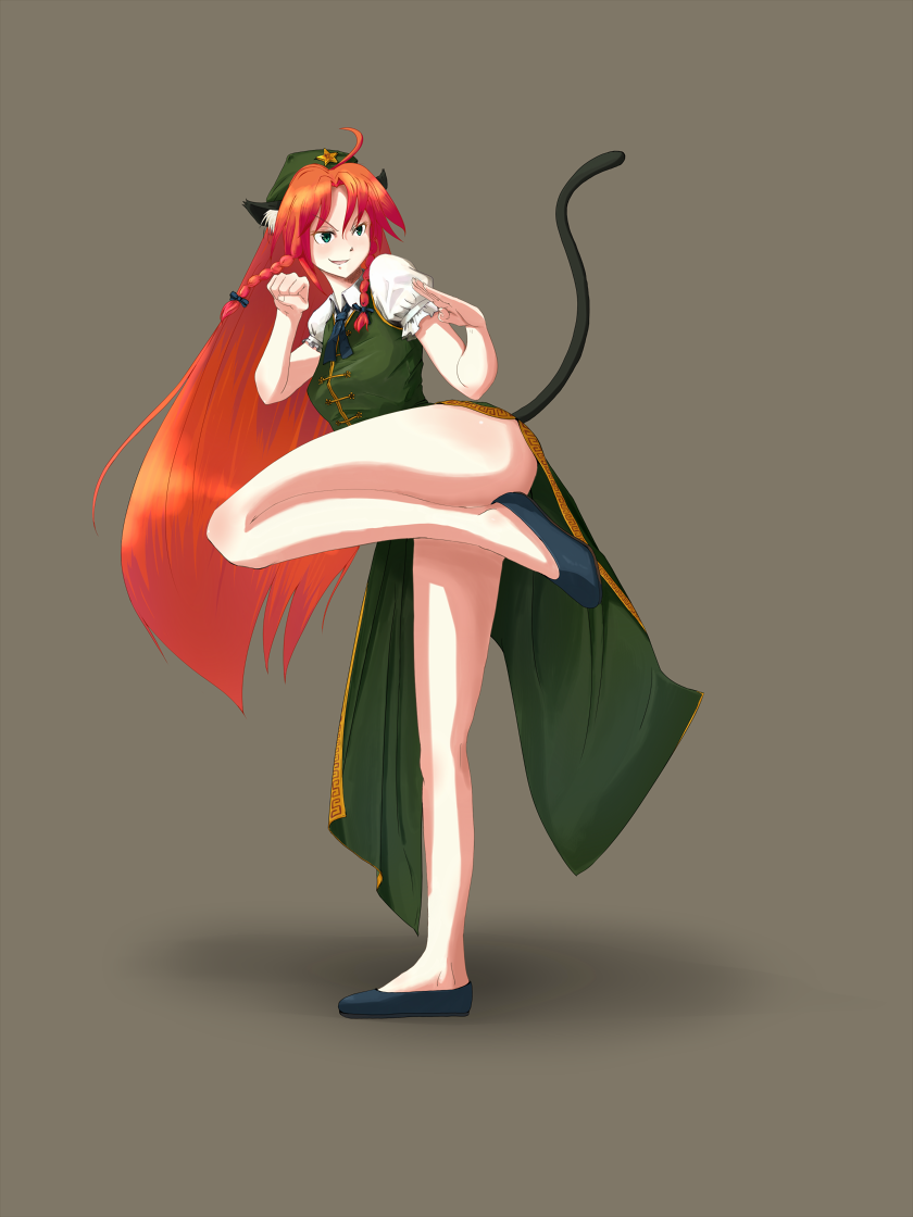 animal_ears blush cat_ears cat_pose cat_tail fighting_pose fighting_stance green_eyes hands hat hong_meiling kemonomimi_mode legs long_hair red_hair redhead standing_on_one_leg tail touhou yammy_(artist) yammy_(cellblo)