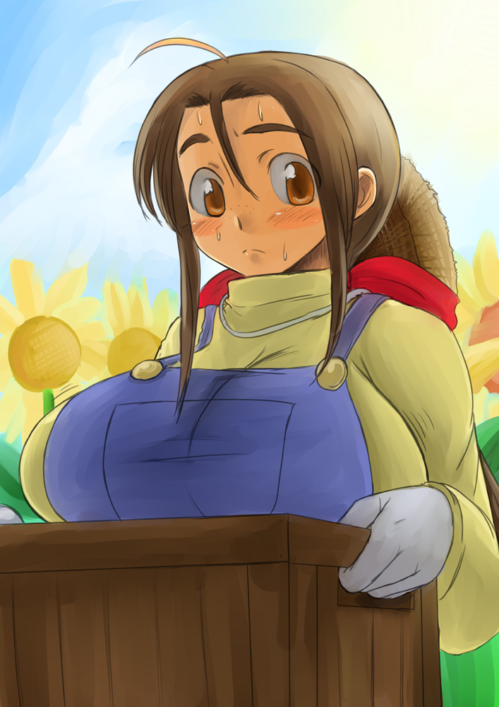 bad_id breasts brown_eyes brown_hair flower freckles hat huge_breasts overalls solo straw_hat sunflower za_(artist)