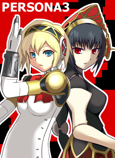 black_hair blonde_hair blue_eyes metis persona persona_3 red_eyes ribbon