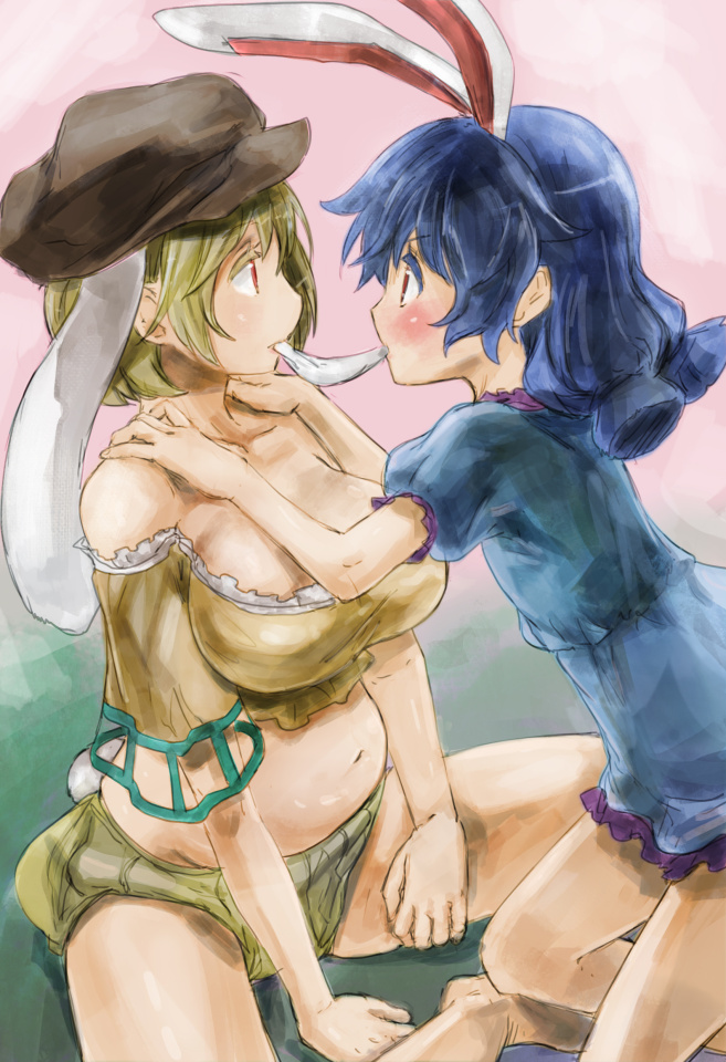 2girls animal_ears bare_legs bare_shoulders belly blonde_hair blue_hair blush breasts bunny_tail eye_contact flat_chest food hat large_breasts long_hair looking_at_another mochi multiple_girls navel plump rabbit_ears red_eyes ringo_(touhou) seiran_(touhou) shared_food short_hair short_shorts shorts tail touhou wagashi yohane yuri