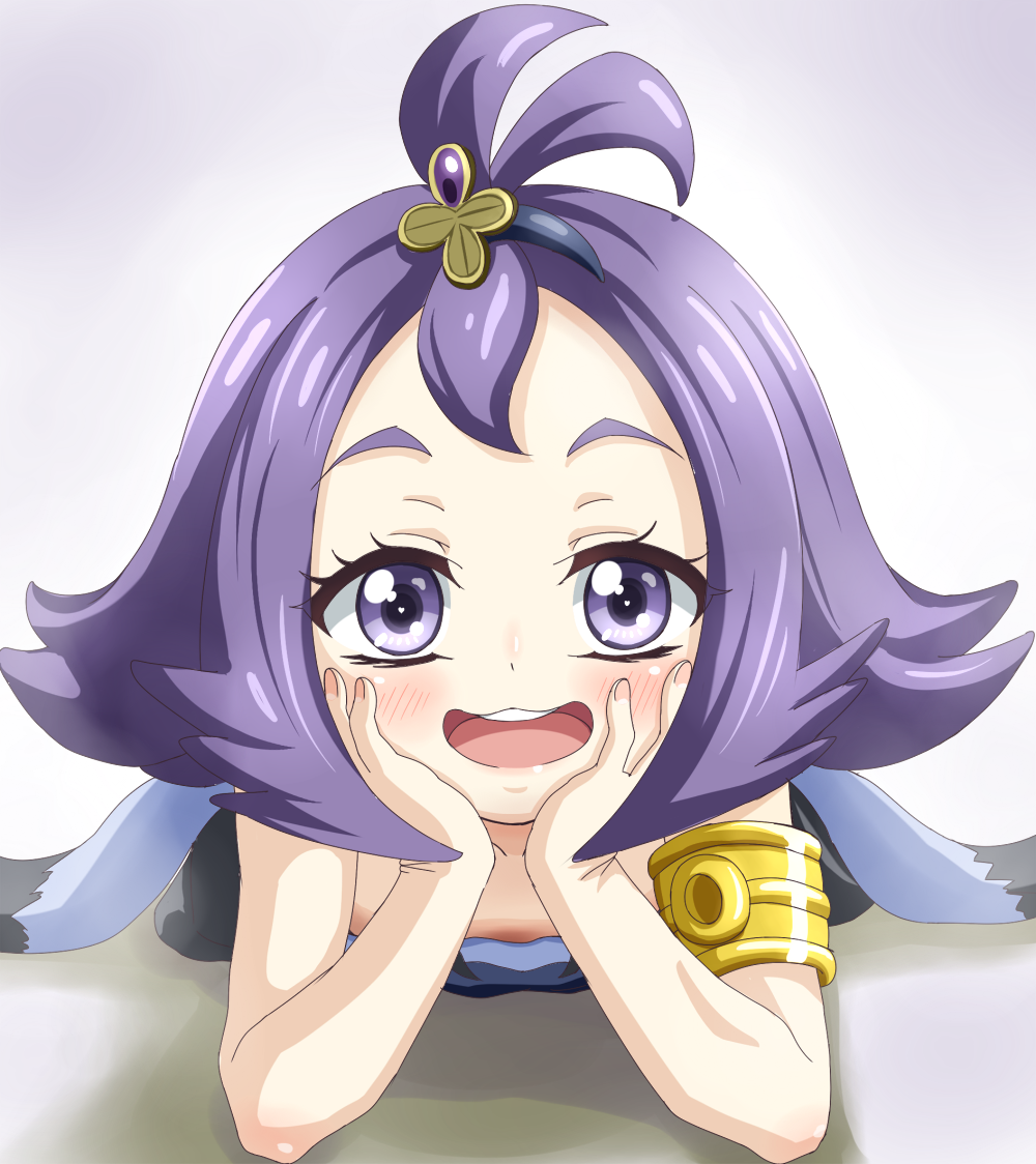 1girl :3 :d acerola_(pokemon) armlet bangs bare_arms blush body_blush collarbone dress elite_four eyelashes eyes_visible_through_hair fingernails flat_chest flipped_hair hair_ornament half_updo hands_on_own_cheeks hands_on_own_face heart heart-shaped_pupils lips looking_at_viewer lying on_stomach open_mouth pokemon pokemon_(game) pokemon_sm purple_hair short_hair smile solo stitches symbol-shaped_pupils teeth tongue trg_(pixiv) trial_captain violet_eyes