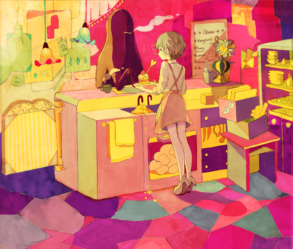 1girl apron blonde_hair blue_eyes breath cake coffee coffee_cup colorful counter cup female flower food high_heels indoors kitchen long_sleeves maij menu monster original pink_skirt plant restaurant short_hair sink skirt smile solo surreal tiptoes vase waitress