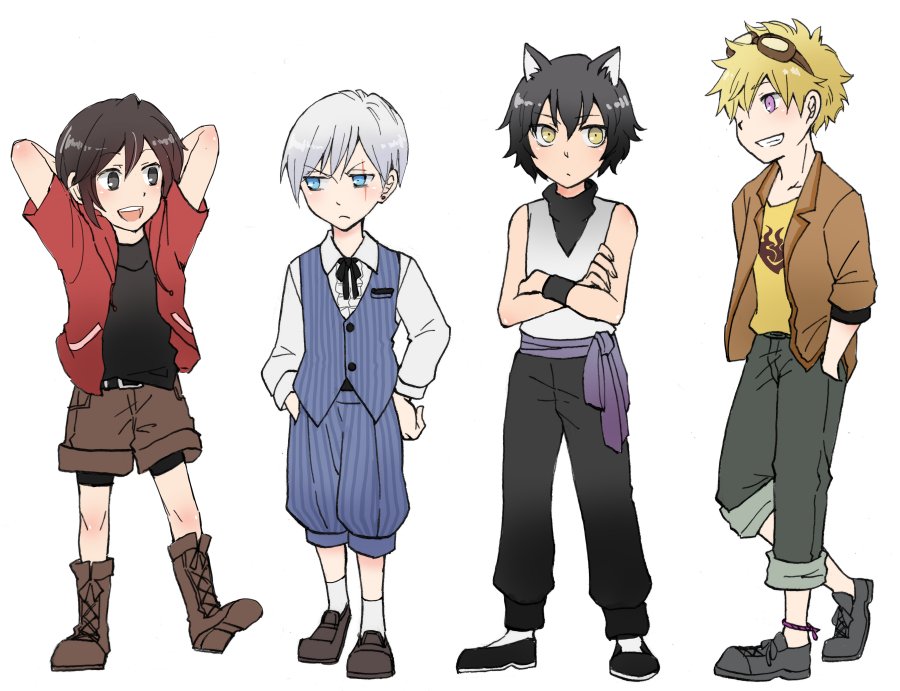 4boys animal_ears artist_request black_hair blake_belladonna blonde_hair blue_eyes boots brown_hair cat_ears catboy genderswap genderswap_(ftm) goggles goggles_on_head grey_eyes grin male multiple_boys ruby_rose rwby smile violet_eyes weiss_schnee white_hair yang_xiao_long yellow_eyes younger