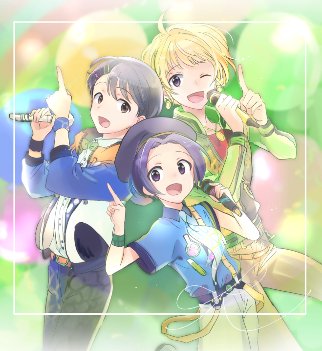 3boys :d ;d alternate_costume beret black_hair blonde_hair bow bowtie earrings fuyumi_jun green_bow green_bowtie hair_ornament hairclip hat idolmaster idolmaster_side-m index_finger_raised jacket jewelry male_focus microphone multiple_boys necklace necktie okamura_nao one_eye_closed open_clothes open_jacket open_mouth pierre_(idolmaster) smile square suspenders teuyu white_border