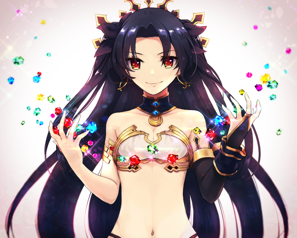 1girl armlet asymmetrical_sleeves bare_shoulders between_fingers bikini bikini_top black_gloves black_hair black_ribbon breasts bridal_gauntlets cleavage closed_mouth cocorosso collar collarbone crystal earrings fate/grand_order fate_(series) female gem gling gloves gradient gradient_background hair_ribbon highres hoop_earrings ishtar_(fate/grand_order) jewelry long_hair looking_at_viewer navel neck red_eyes revealing_clothes ribbon single_elbow_glove single_glove small_breasts smile stomach strapless swimsuit tiara tohsaka_rin toosaka_rin two_side_up upper_body very_long_hair white_bikini